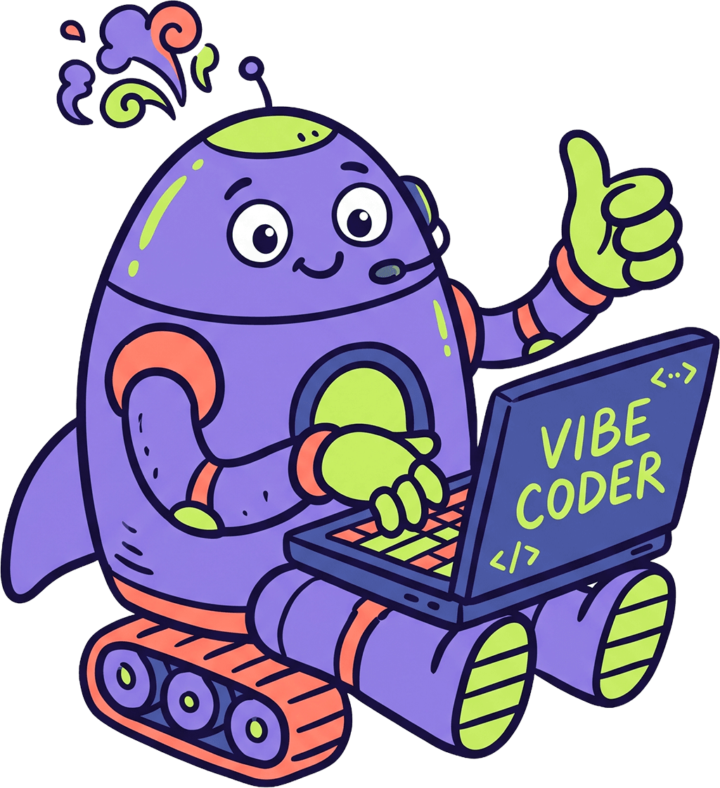 VibeShip mascot - a friendly rocket robot coding on a laptop and giving a thumbs up